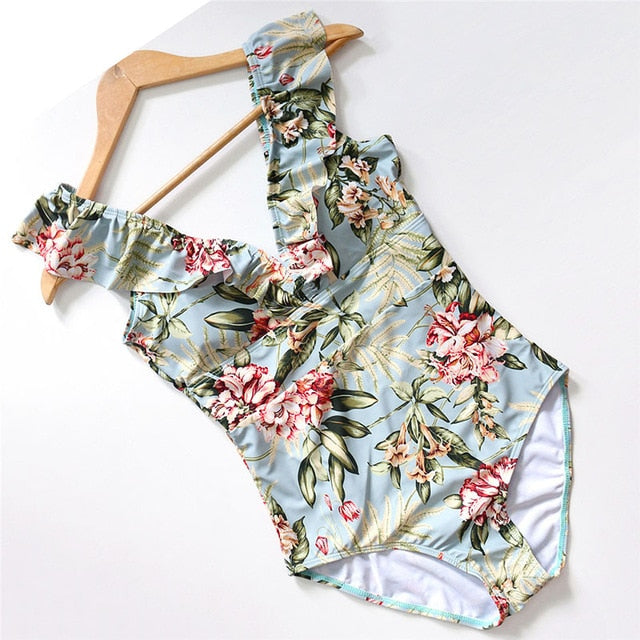 Blue Striped Swimsuit One Piece Ruffled Push Up