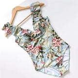 Blue Striped Swimsuit One Piece Ruffled Push Up