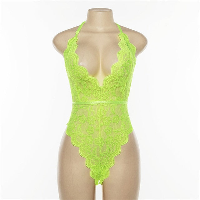 Backless Halter Lace Bodysuit Transparent