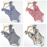 Blue Striped Swimsuit One Piece Ruffled Push Up