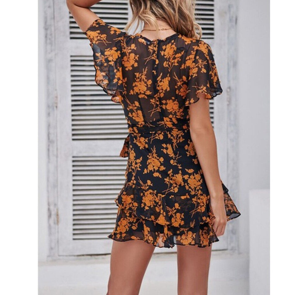 Sexy Deep V Neck Print Short Sleeve Skater Floral Mini Beach Dress