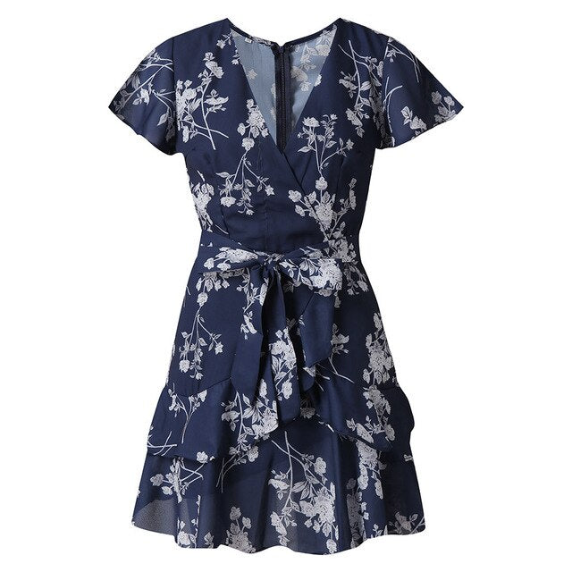 Sexy Deep V Neck Print Short Sleeve Skater Floral Mini Beach Dress