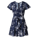 Sexy Deep V Neck Print Short Sleeve Skater Floral Mini Beach Dress