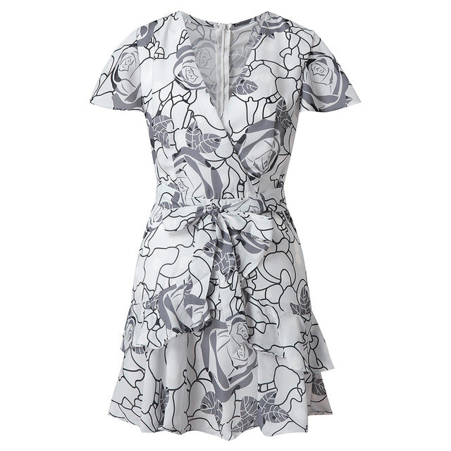Sexy Deep V Neck Print Short Sleeve Skater Floral Mini Beach Dress
