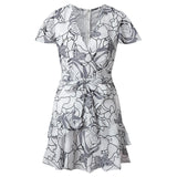 Sexy Deep V Neck Print Short Sleeve Skater Floral Mini Beach Dress