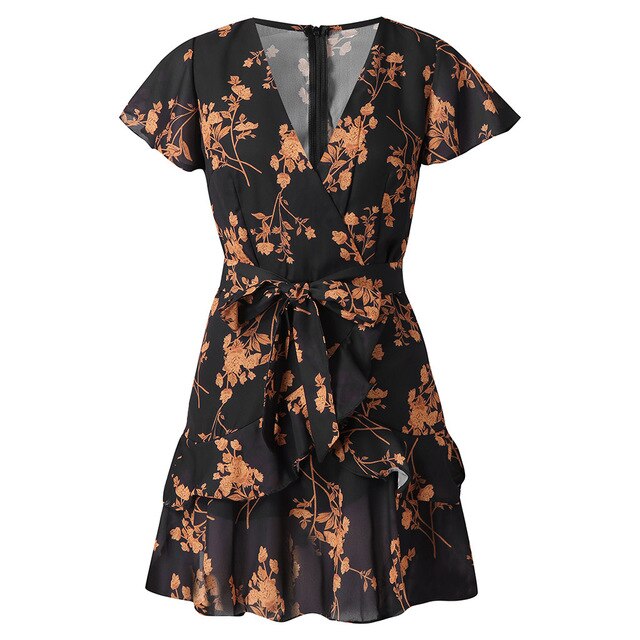 Sexy Deep V Neck Print Short Sleeve Skater Floral Mini Beach Dress