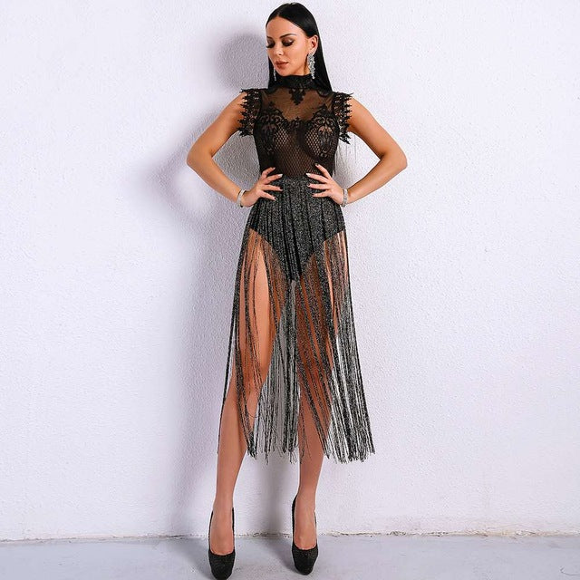 Tassel Playsuits High Neck Sleeveless Lace
