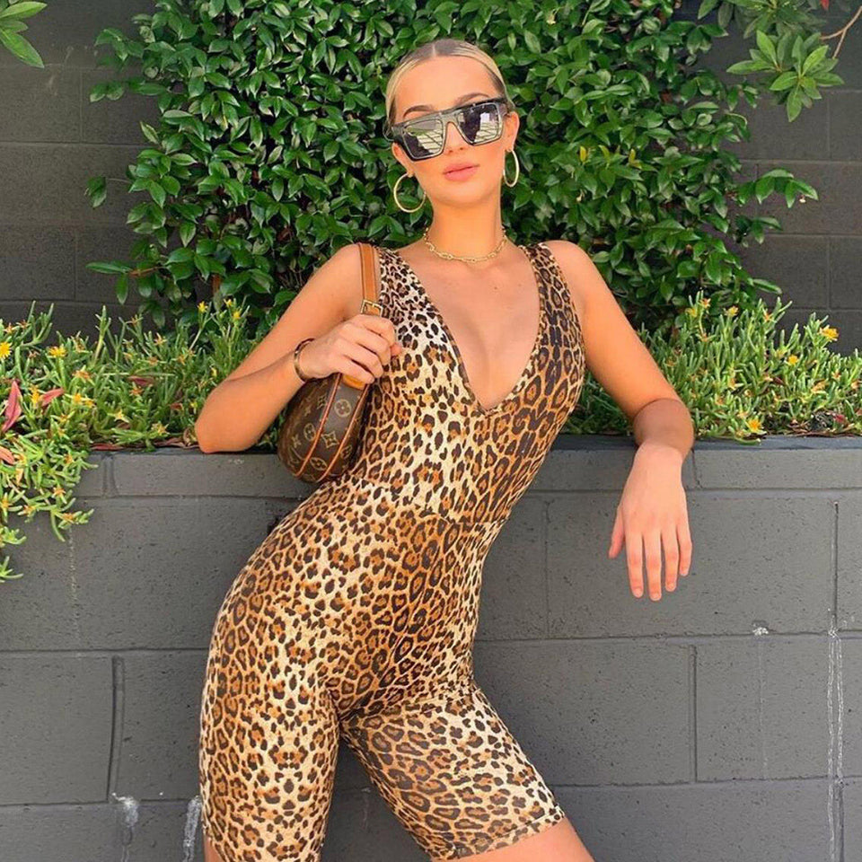 Deep V-Neck Sleeveless Leopard Rompers