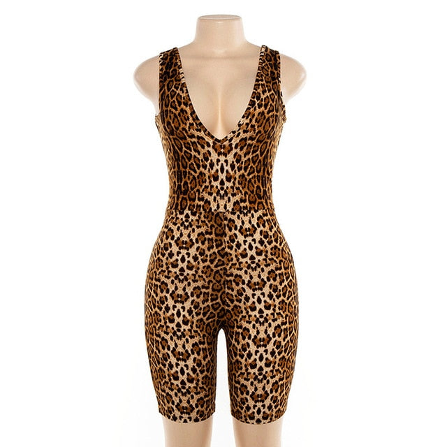 Deep V-Neck Sleeveless Leopard Rompers